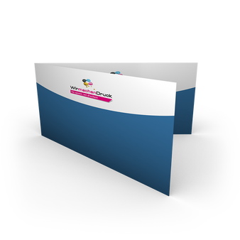 Faltblatt bedruckt gefalzt auf DIN lang quer (21,0 cm x 9,9 cm) vertikaler Mittelfalz 4-seitig