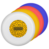 aufgereihte Frisbees in 4 Farben, bedruckt