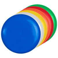 aufgereihte Frisbees in verschiedenen Farben