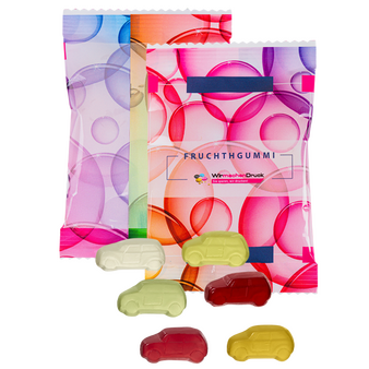 Fruchtgummi-Tütchen 10g (Form: Autos), 4/4 farbig beidseitig bedruckt