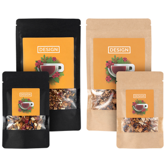 Tee i großen und kleinen Beuteln in schwarz und natur farben