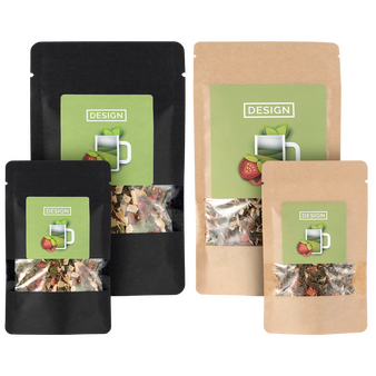 Tee in großen und kleinen Beuteln, schwarz und natur farben