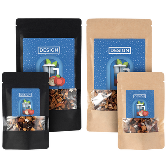 Tee in großen und kleinen Beuteln in schwarz und natur farben