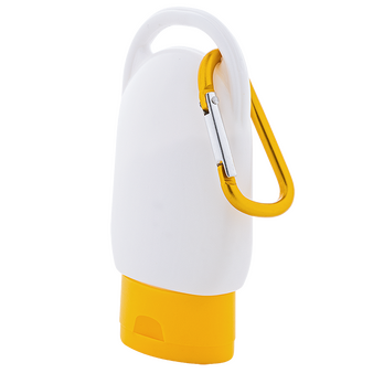 Mini-Sonnencreme stehend in wei&szlig; mit gelbem Deckel und Karabiner