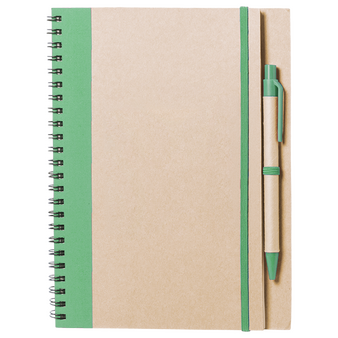 Notizbuch DIN A5 hoch, Umschlag: Karton, Inhalt: 60 blanko Seiten aus Recyclingpapier, inkl. Kugelschreiber