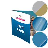 Postkarte, gefalzt auf Quadrat 10,5 x 10,5 cm, 4-seitig, mit allen Veredelungskombinationen