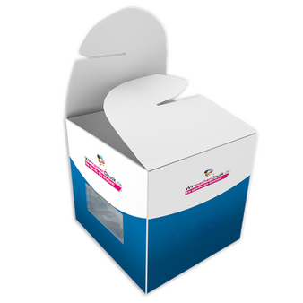 Schleifenverpackung (12 cm x 9 cm x 6 cm) beidseitig bedruckt 5/4-farbig (CMYK + Sonderfarbe) mit geklebtem Fenster