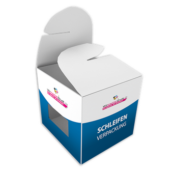 Schleifenverpackung (8 cm x 6,5 cm x 5,5 cm) einseitig bedruckt 4/0-farbig mit gestanztem Fenster