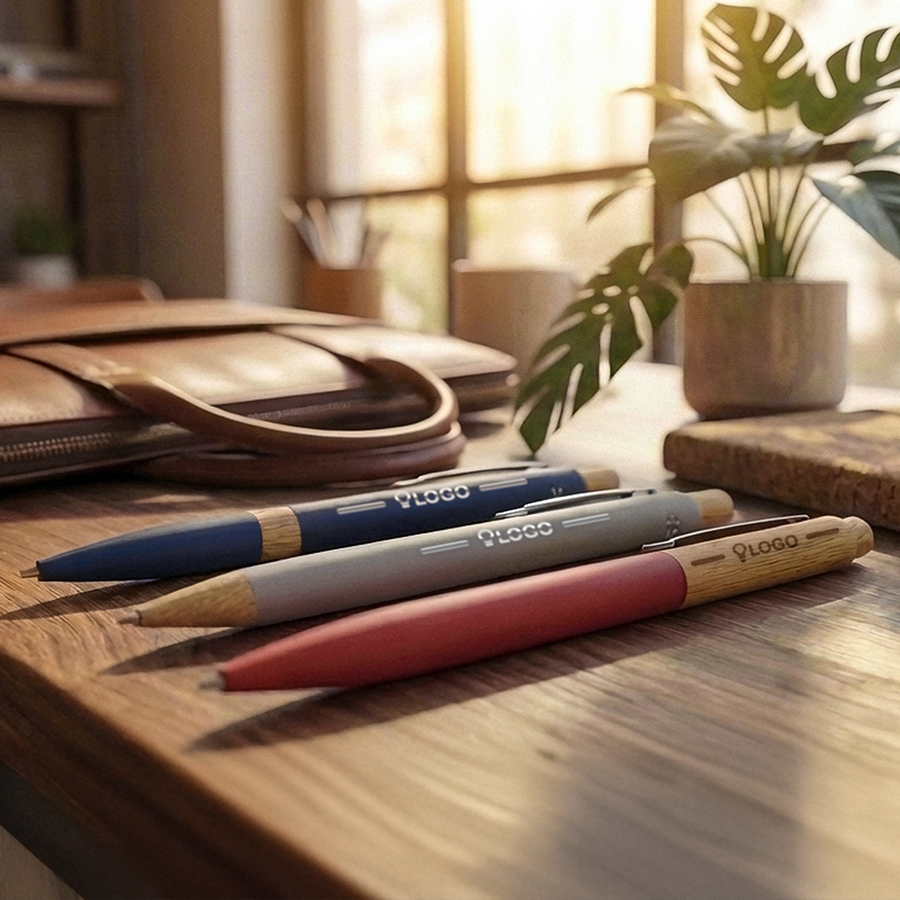 Drei verschiedene Bambus-Softtouch-Kugelschreiber mit Gravur liegend auf einem Tisch