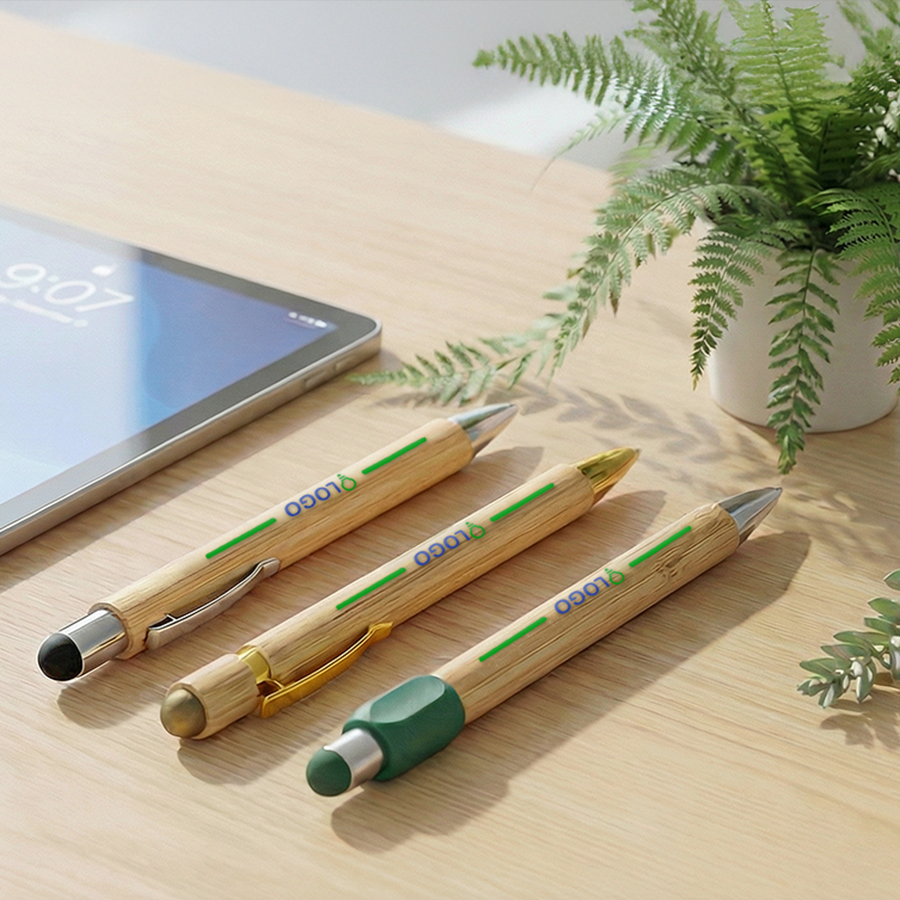 Bambus-Touchpen-Kugelschreiber mit individuellem Druck auf einem Schreibtisch liegend