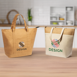 Mit Logo bedruckte Einkaufskühltaschen in Küche aus Baumwolle und laminiertem Papier
