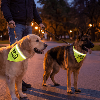 Zwei Hunde im Dunkeln mit bedruckten reflektierenden Hundehalstüchern