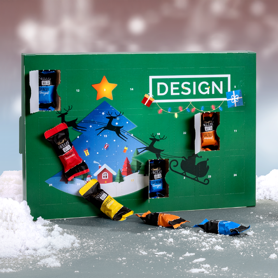 Grüner Lindt-Multi-Adventskalender mit eigenem Design bedruckt und Hello-Mini-Sticks