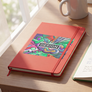 Individuell bedrucktes Notizbuch mit Kunstleder-Cover auf einem Esstisch