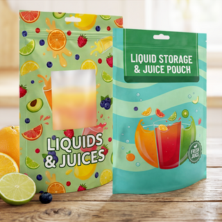 Individuell bedruckte Standbodenbeutel für Flüssigkeiten auf einem Tisch stehend