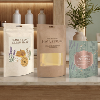 Vollfarbig bedruckte Standbodenbeutel für Kosmetik- und Wellnessprodukte auf einer Ladentheke