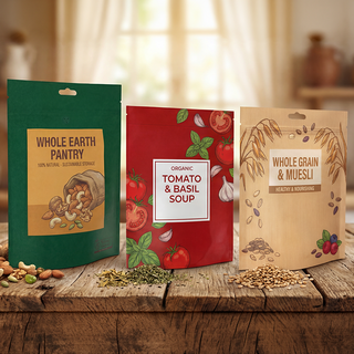 Bedruckte Standbodenbeutel für Lebensmittel mit Nüssen, Tomatensuppe und Müsli auf einem Tisch stehend