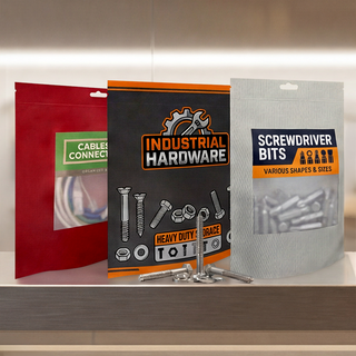 Bedruckte Standbodenbeutel für Non-Food-Produkte mit Kabelbindern, Schrauben und Bohrmaschinen-Bits