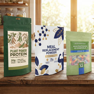 Drei individuell bedruckte Standbodenbeutel für Supplements in verschiedenen Grössen stehend auf einer Küchentheke