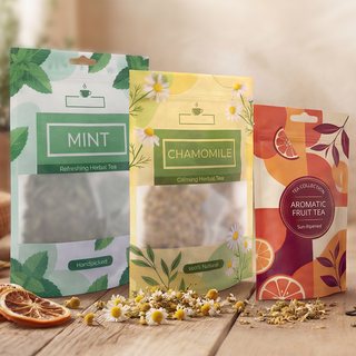 Drei unterschiedlich bedruckte Standbodenbeutel für Tee in verschiedenen Grössen stehend auf einem Tisch