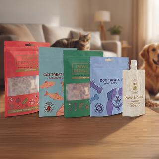 Mehrere Standbodenbeutel für Tierfutter, Doypacks ideal für Tierpflegeprodukte auf einem Tisch, im Hintergrund Hund und Katze