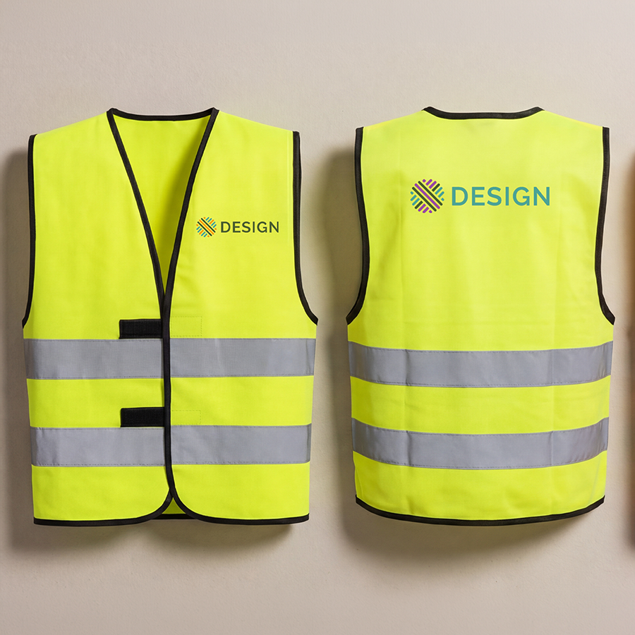 Neongelbe Unisex-Warnweste für Erwachsene bedrucken, mit Logo auf Brust und Rücken