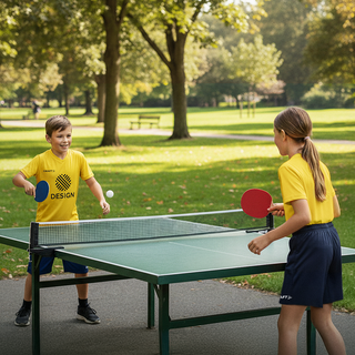 Zwei Kinder spielen Tischtennis und tragen einen Craft-Trikotsatz mit individuellem Design