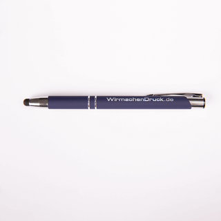 Metallkugelschreiber mit Touchpen und gummiertem Schaft in Lila, mit Lasergravur