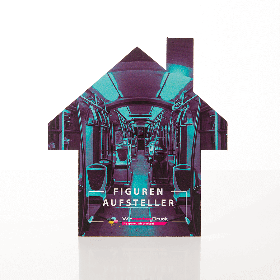 Konturgefräster Pappaufsteller in der Form eines Hauses, 4/0-farbig bedruckt