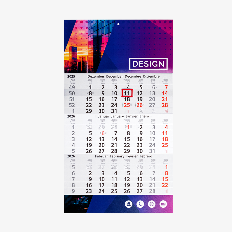 3-Monatskalender mit vollfarbig bedrucktem Kopf- und Fussteil