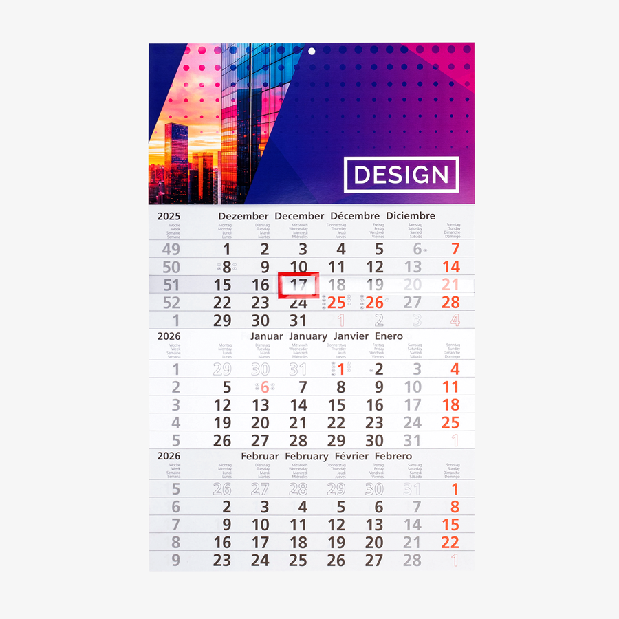 3-Monatskalender als Einblockvariante, Kopfteil 4/0-farbig bedruckt