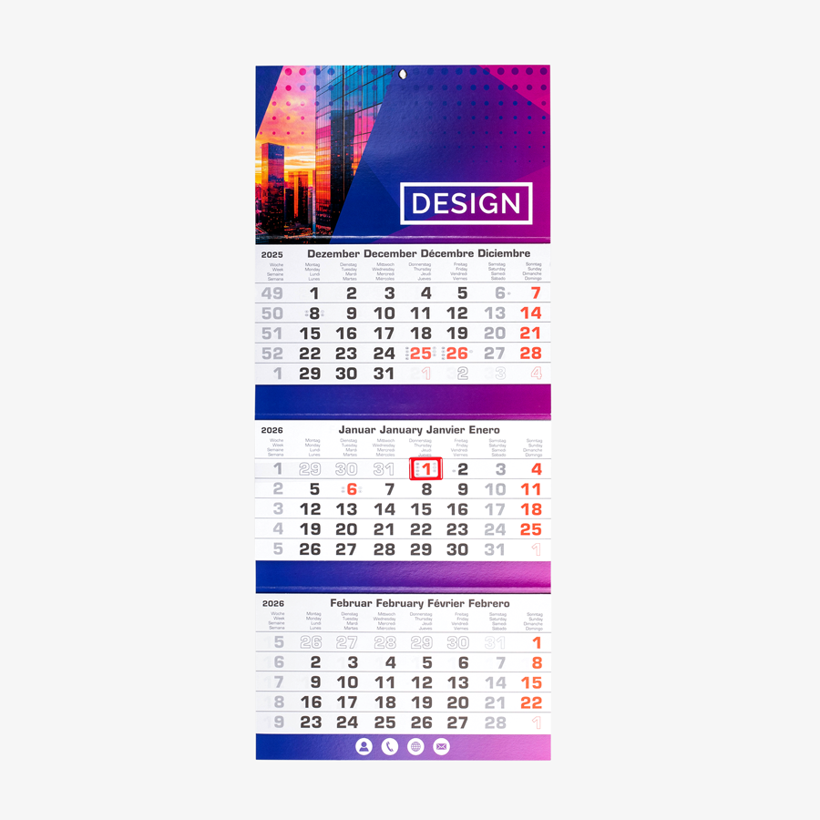 3-Monatskalender (30 x 70 cm) als Mehrblockvariante, 4/0-farbig bedruckt