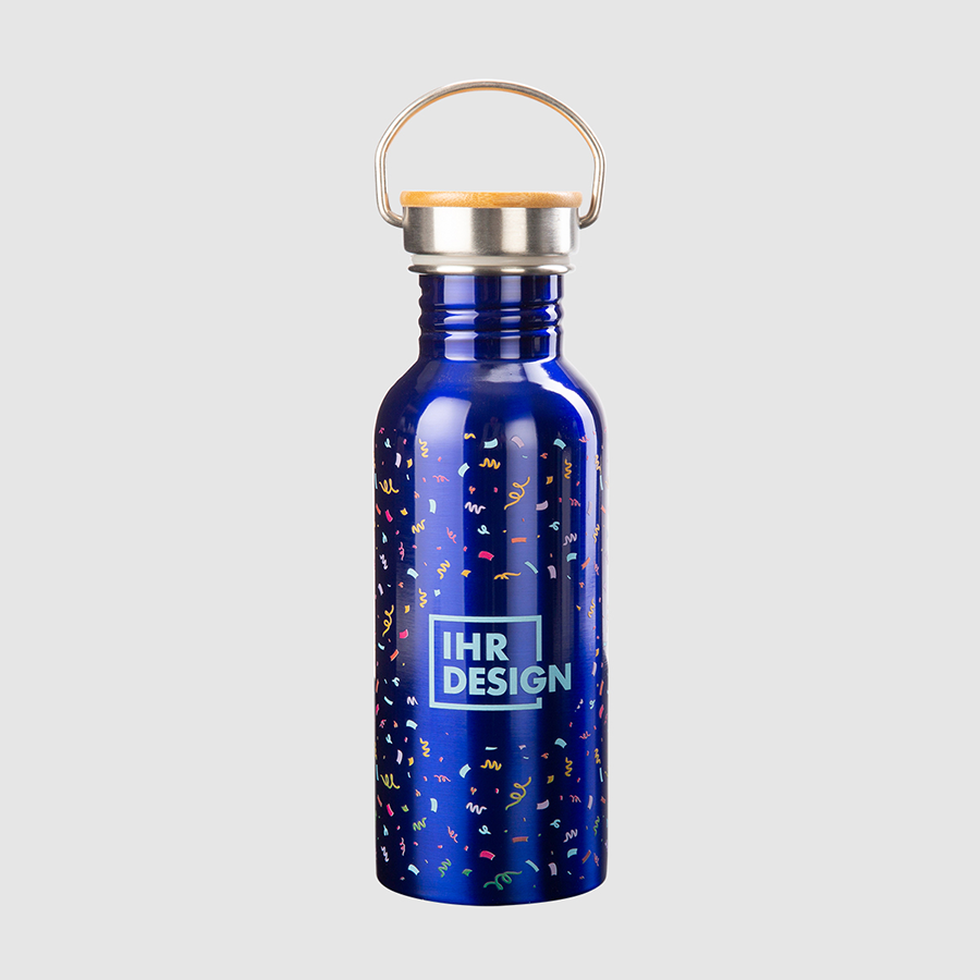 650ml Edelstahlflasche Bambusdeckel Bügelgriff blau rundrum bedruckt