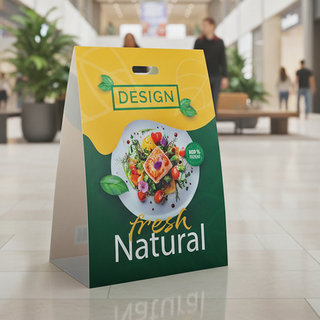 Aufsteller aus Hohlkammerplatte mit Griff, vollfarbig bedruckt im individuellen Design