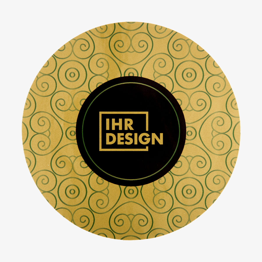 Aufkleber auf Goldfolie runde Form, mit individuellem und vollfarbigem Digitaldruck