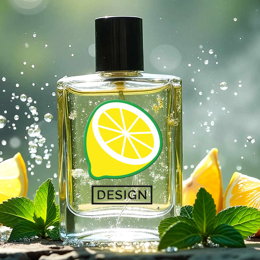 UV-DTF-Aufkleber in freier Grösse mit Zitronendesign auf Parfumflasche stehend auf einem Tisch