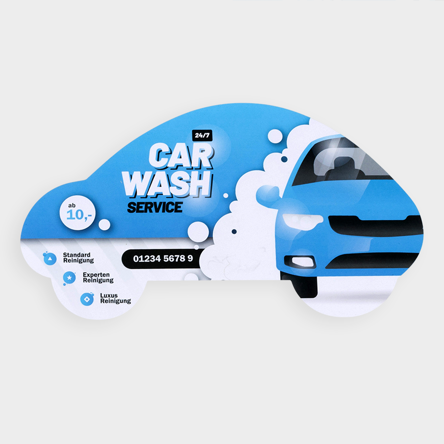 Figürlich gestanzter Flyer in Autoform hochwertig bedruckt