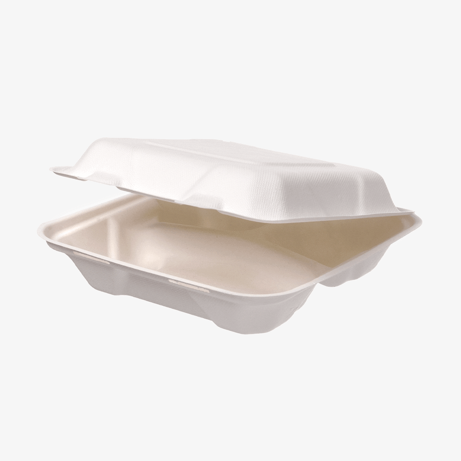 Unbedruckte weisse Menübox aus Bagasse mit drei Fächern im eckigen Format mit den Massen 24,4 x 20,8 x 7 cm