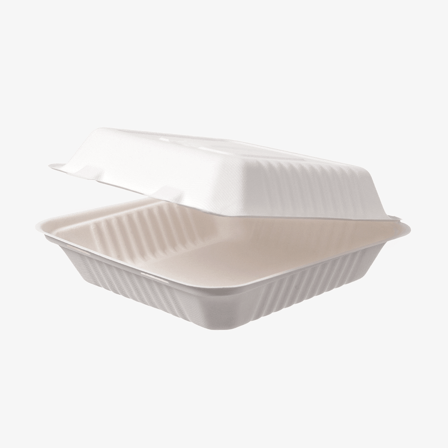 Weisse unbedruckte Menübox aus Bagasse mit einem Fach im Format 22,8 x 23 x 8 cm