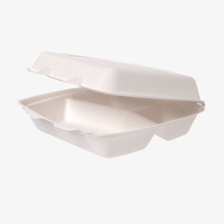 Unbedruckte weisse Menübox aus Bagasse mit drei Fächern im eckigen Format mit den Maßen 24,4 x 20,8 x 7 cm