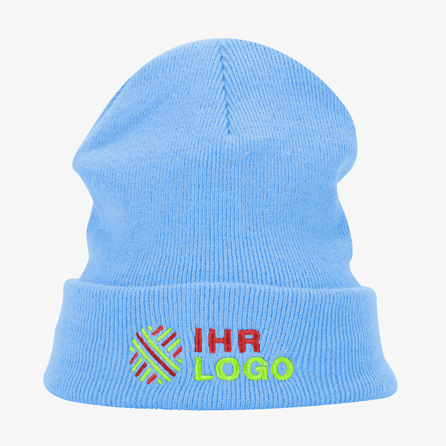 Blaue Beanie von Beechfield mit mehrfarbiger Stickerei