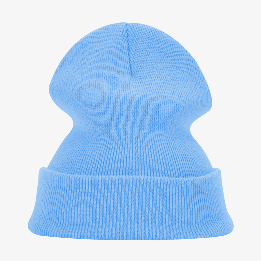 Rückansicht blaue Beanie von Beechfield, mehrfarbig bestickbar