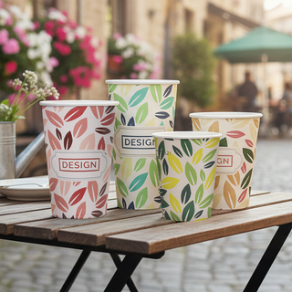 Plastikfreie, einwandige Bio-Becher mit Eichstrich und vollfarbigem Aufdruck