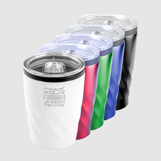 Mehrweg-To-go-Becher aus Edelstahl in unterschiedlichen Farben, mit Lasergravur und praktischem Deckel