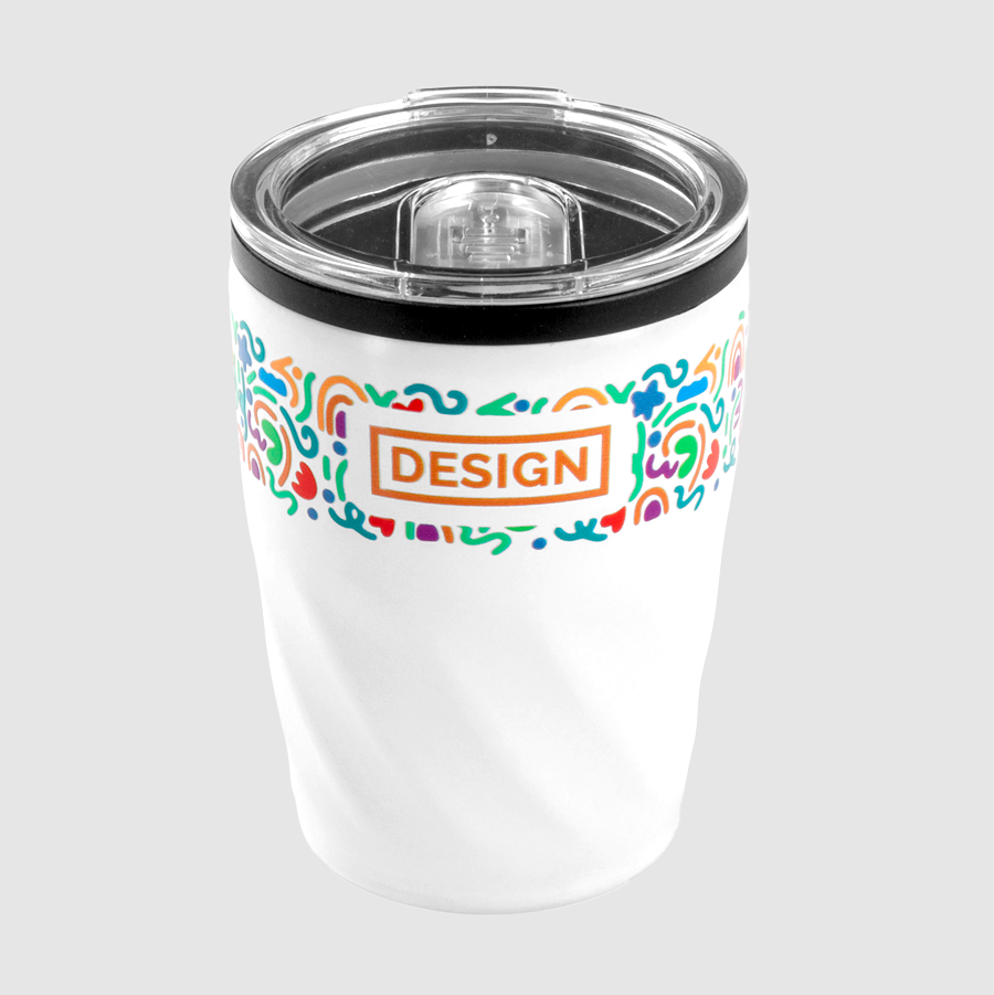 Rundum mit UV-LED-Druck bedruckter Edelstahl-Mehrweg-To-go-Becher mit Deckel