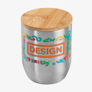 Isolierbecher aus Edelstahl und Bambus, bunt bedruckt mit eigenem Design mittels UV-LED-Druck