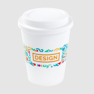 Bedruckter doppelwandiger To-go-Isolierbecher aus Kunststoff mit Trinkdeckel