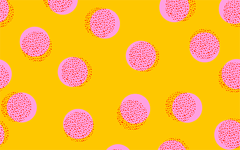 Bild im Risografiestil mit Korn, Passer-Ungenauigkeiten, rosa Pünktchen und orangenem Hintergrund