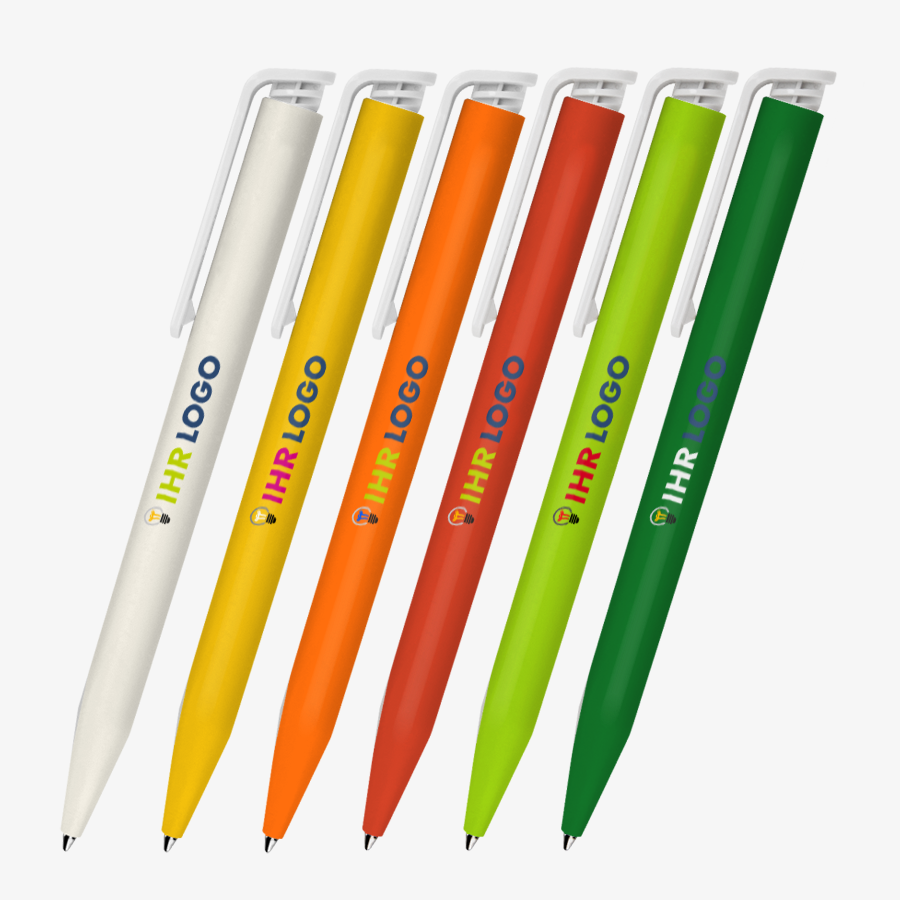 Sortiment an Bio-Kugelschreibern in verschiedenen Farben, individuell bedruckt