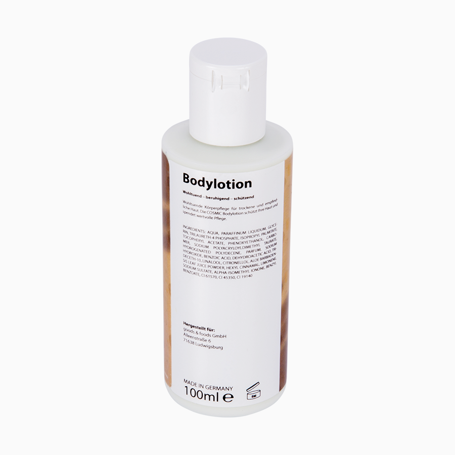 Rückansicht Bodylotion mit gesetzlichen Pflichtangaben auf Etikett